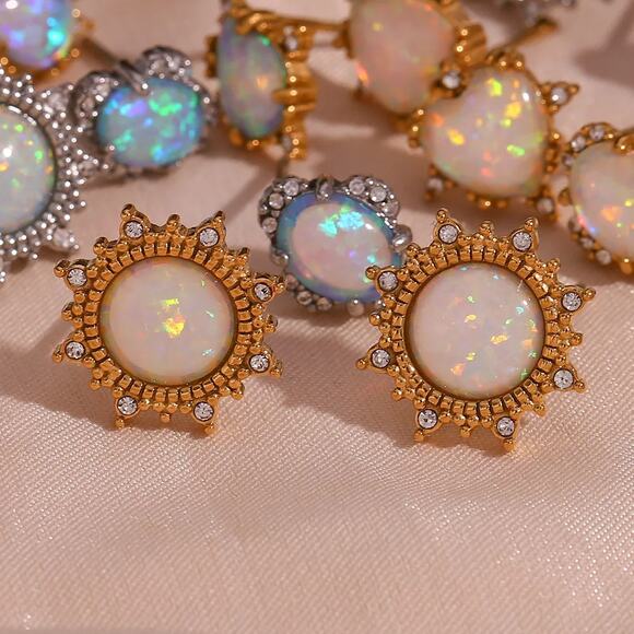 White Opal Sun Stud Earrings 18K Gold Plated Stainless Steel - Picture 4 of 7